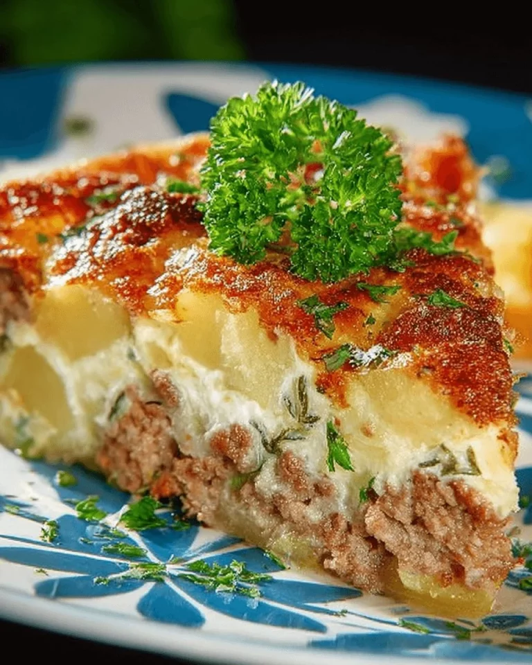 Delicious potato casserole with meat served in a baking dish