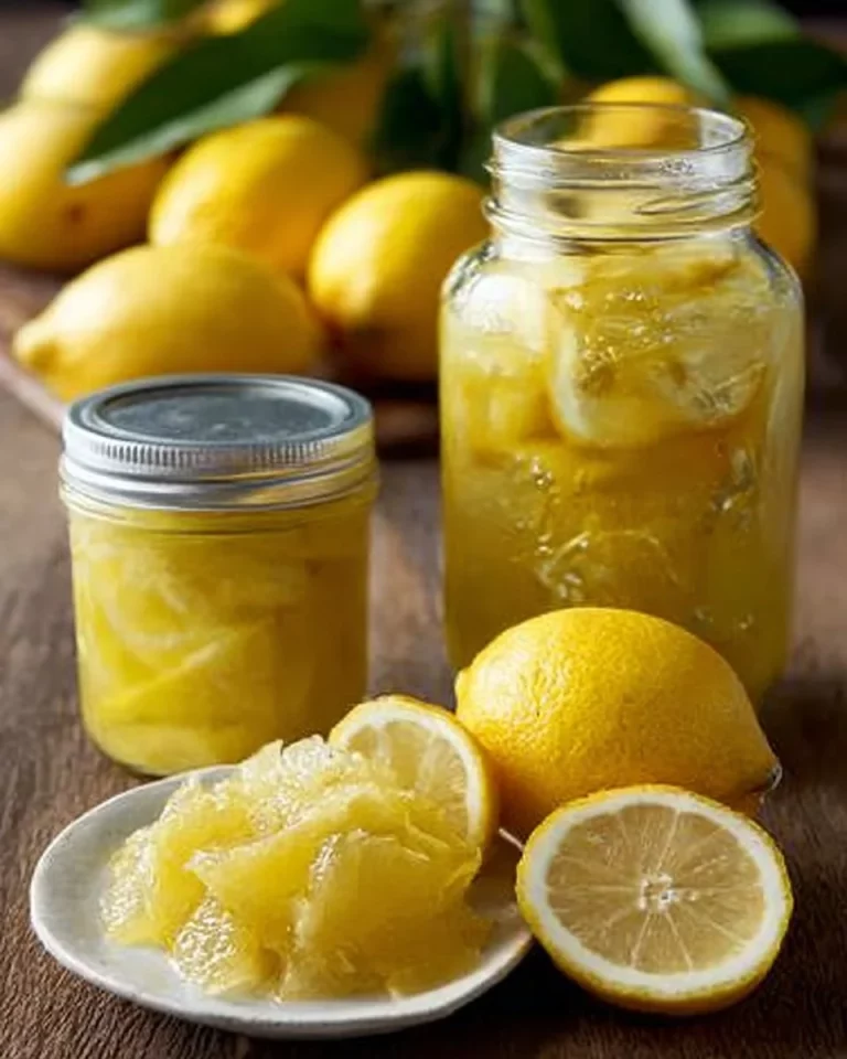 Jars of preserved lemons on a rustic kitchen counter, ready for cooking.