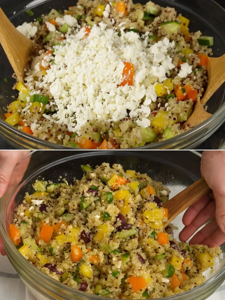 Quinoa salad with feta, fresh vegetables, and a light dressing