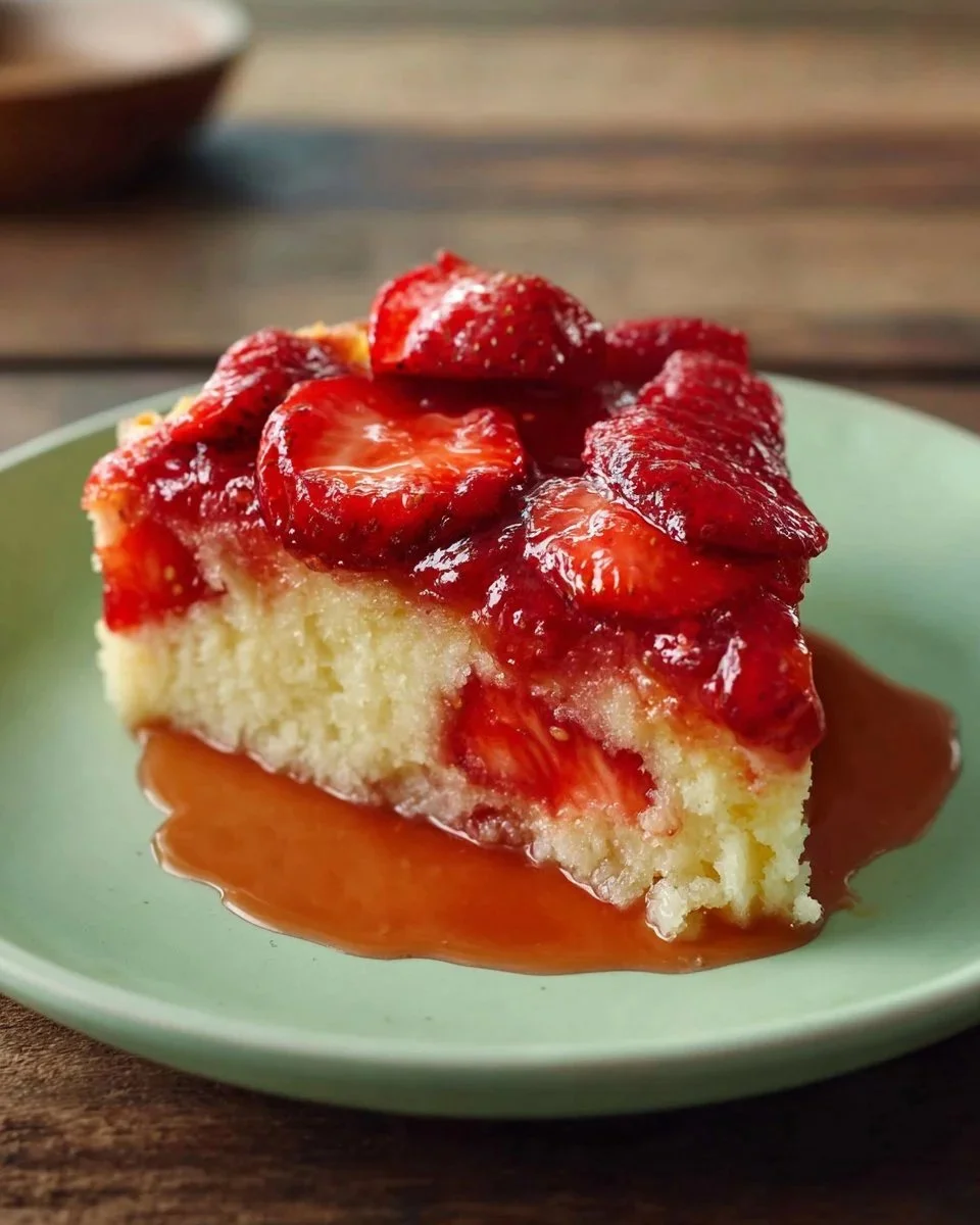 Delicious strawberry cake drizzled with homemade strawberry sauce.