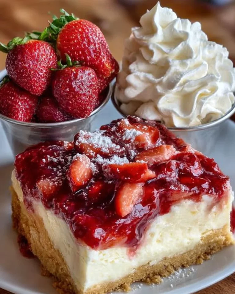 Delicious Strawberry Dump Cake served in a dish with fresh strawberries on top.