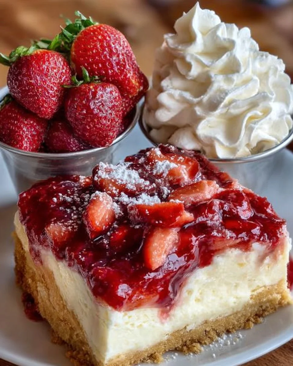Delicious Strawberry Dump Cake served in a dish with fresh strawberries on top.