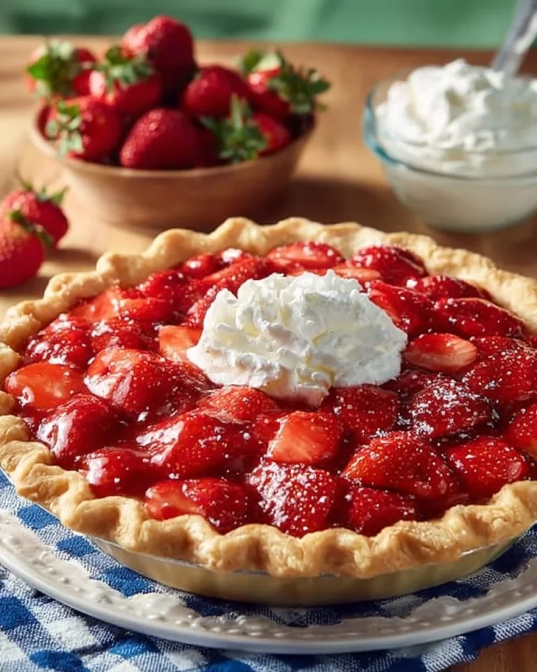 Freshly baked strawberry pie with a golden crust and juicy strawberries