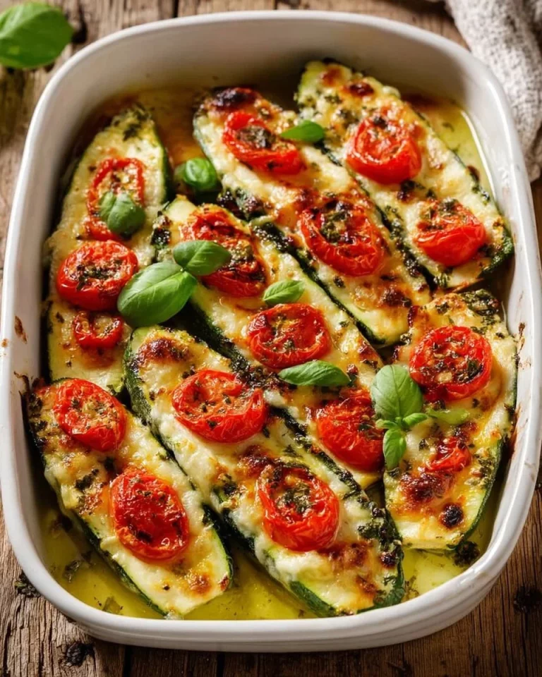 Stuffed zucchini with tomatoes and cheese on a plate.