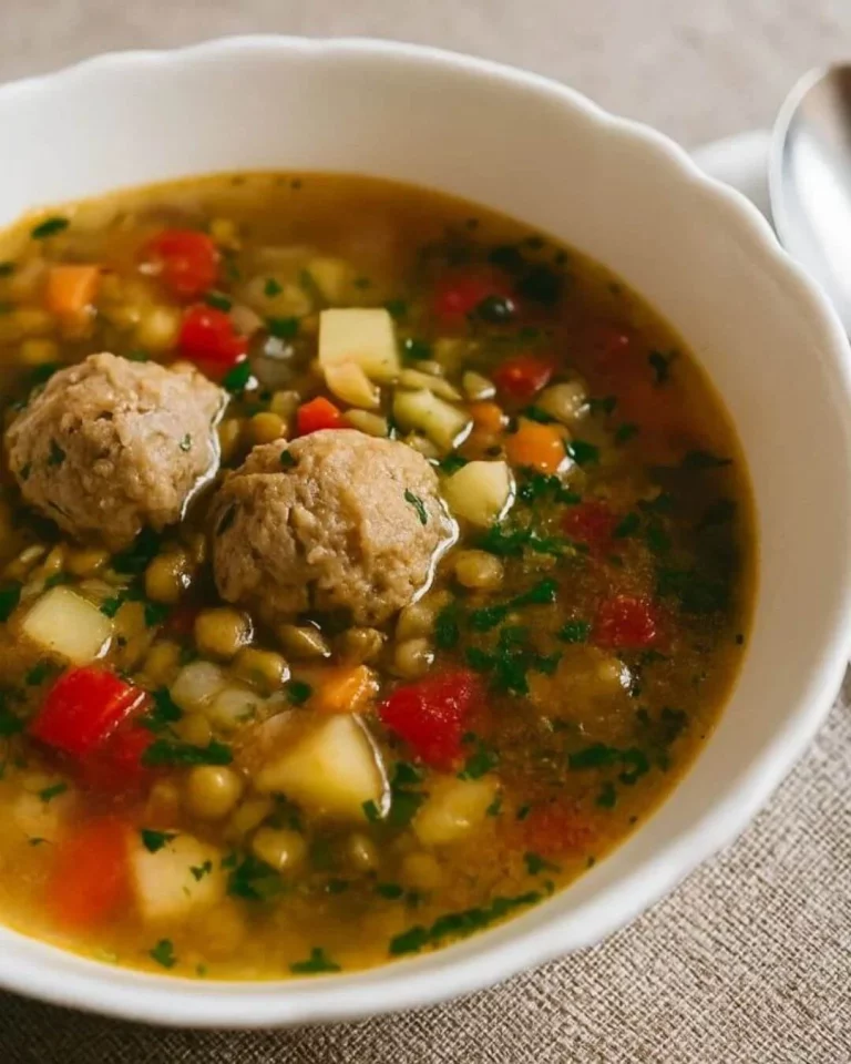 Bowl of thick lentil soup with meatballs, garnished with herbs