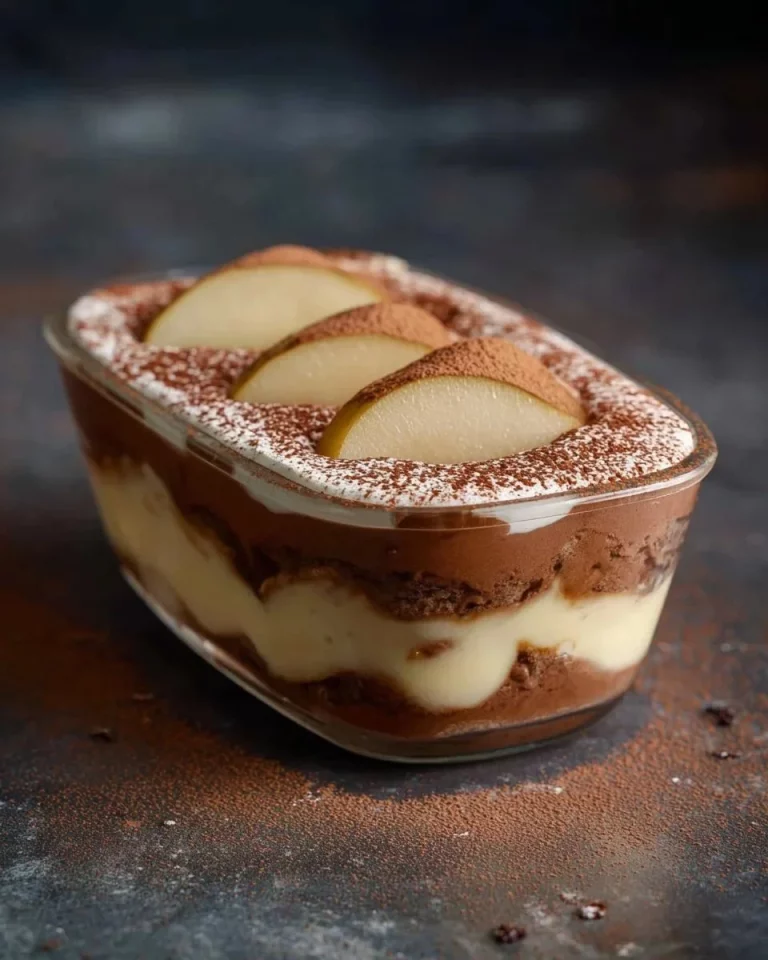 Delicious tiramisu with pears garnished on a plate