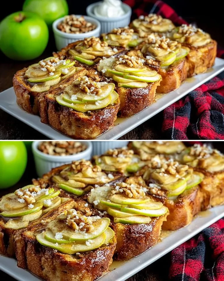 Upside Down Apple French Toast topped with caramelized apples and syrup