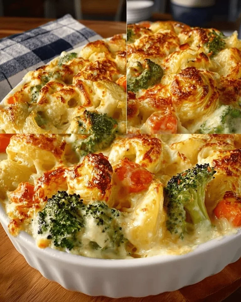 Delicious vegetable bake topped with creamy sauce, fresh veggies, and cheese