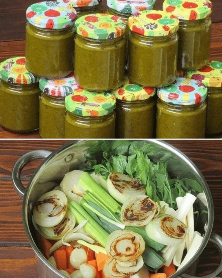 A pot of homemade vegetable broth with fresh ingredients on a kitchen countertop