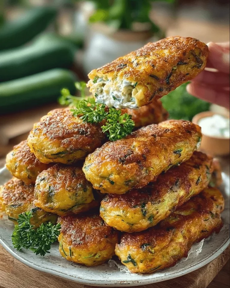 Cheesy zucchini patties served on a plate with fresh herbs.