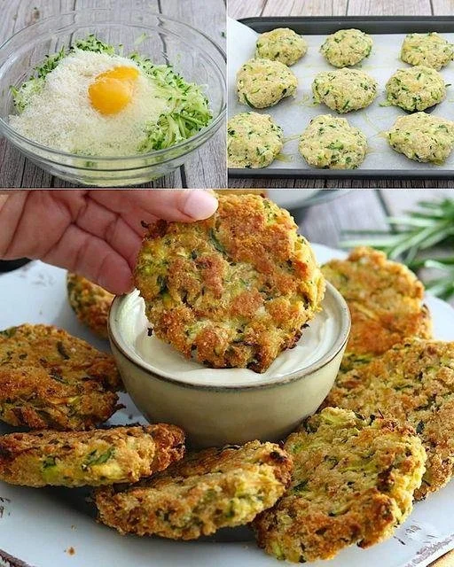 Golden brown zucchini fritters served on a plate with dipping sauce
