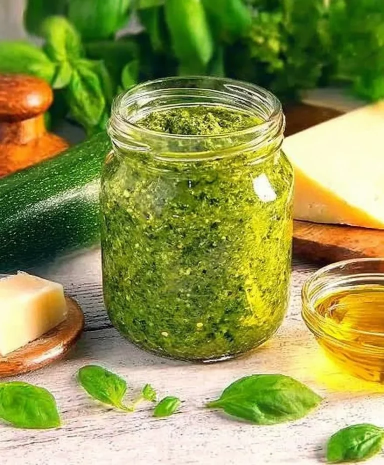 Creamy Zucchini Pesto sauce served in a bowl with fresh basil and pine nuts