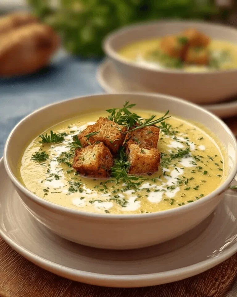 Bowl of zucchini soup garnished with croutons