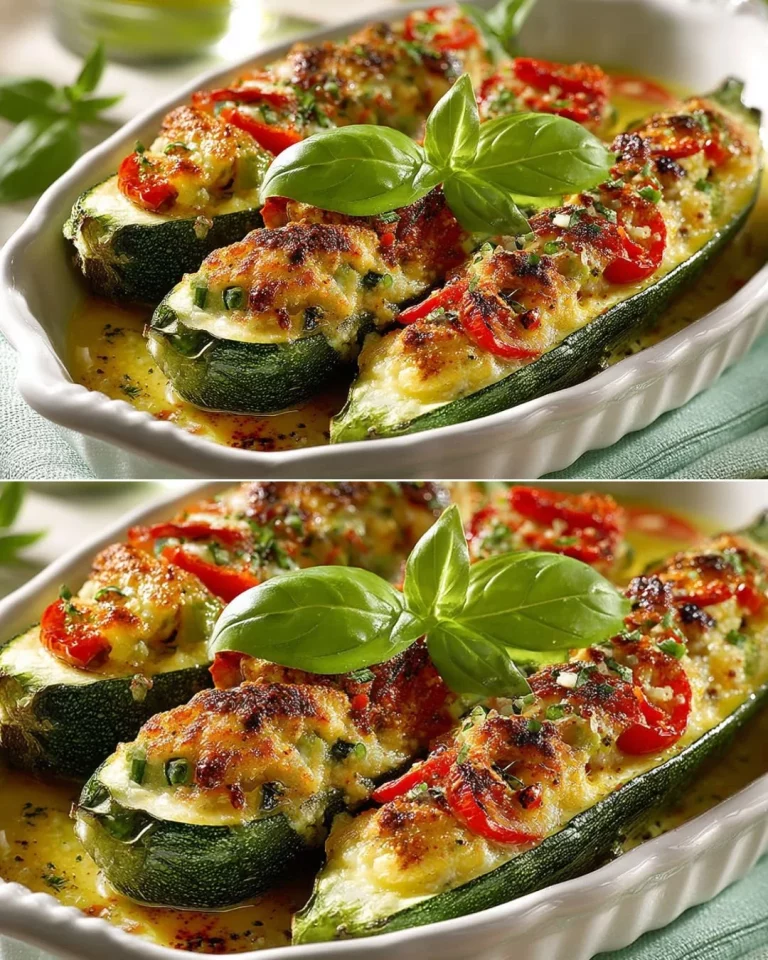 Zucchini stuffed with chicken, fresh herbs, and spices, served on a plate.