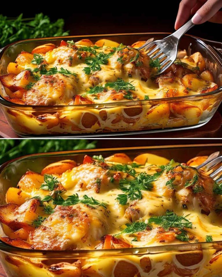 Baked Chicken and Potato Casserole with Creamy Cheese Topping