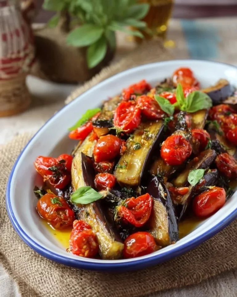 Baked split eggplant garnished with herbs and spices