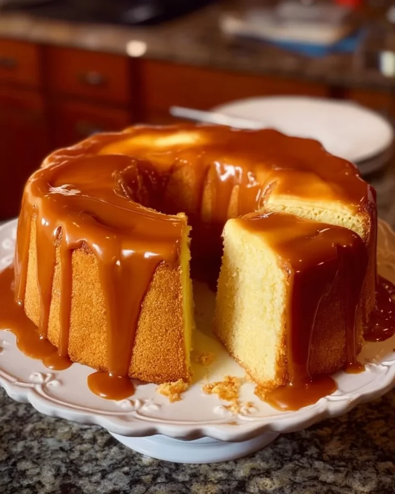 Caramel Cream Cheese Pound Cake with swirls of caramel on top