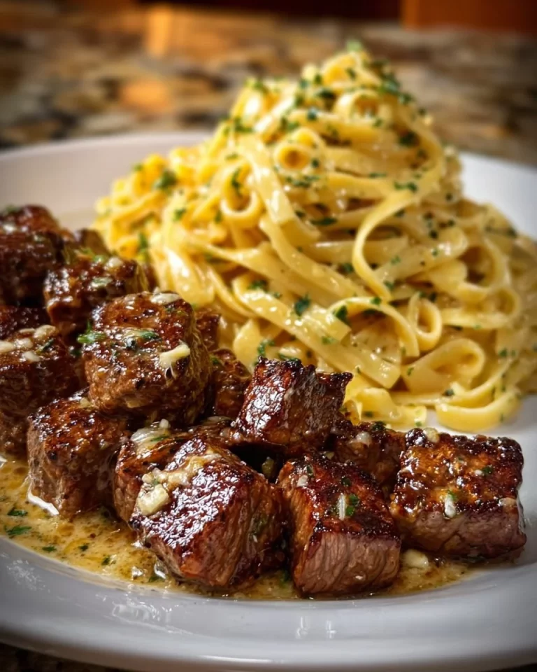 Cheesy garlic steak bites served with creamy linguine on a plate