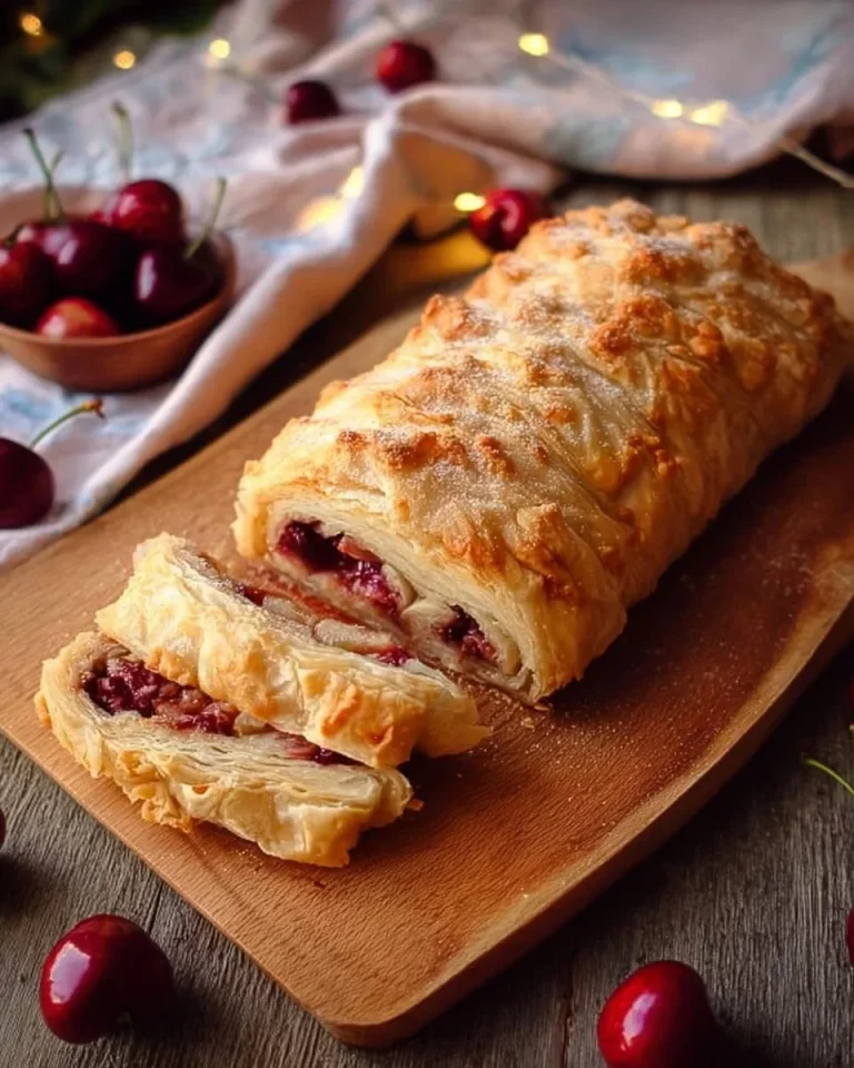 Freshly baked cherry strudel with layers of flaky pastry and ripe cherries.