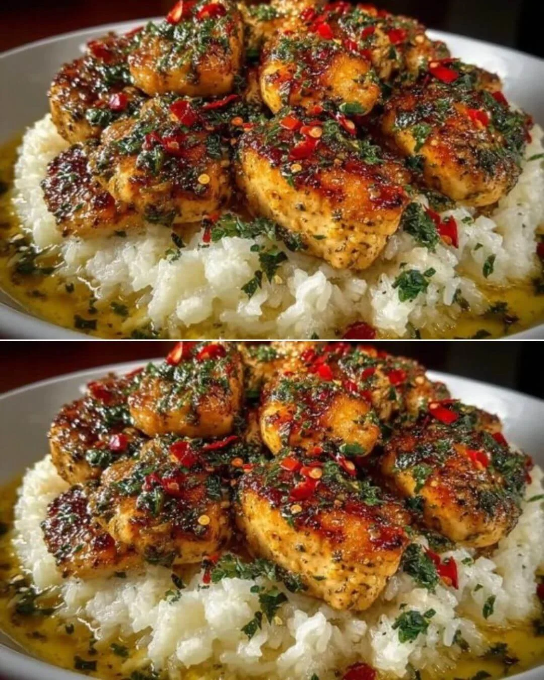 Delicious Chicken Scampi served with creamy garlic parmesan rice