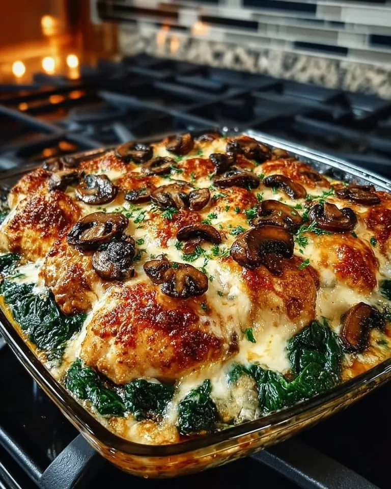Low carb chicken spinach mushroom oven dish garnished and ready to serve