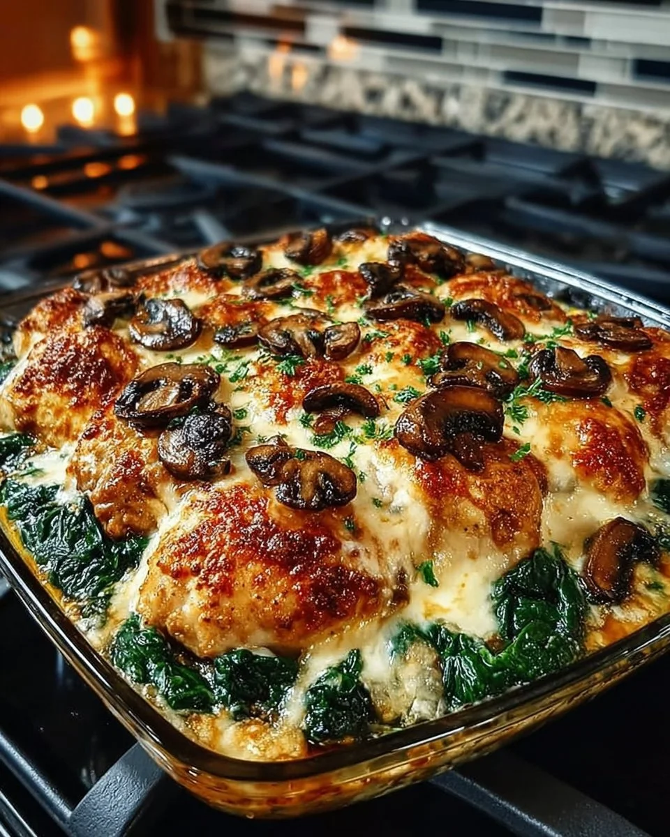 Low carb chicken spinach mushroom oven dish garnished and ready to serve
