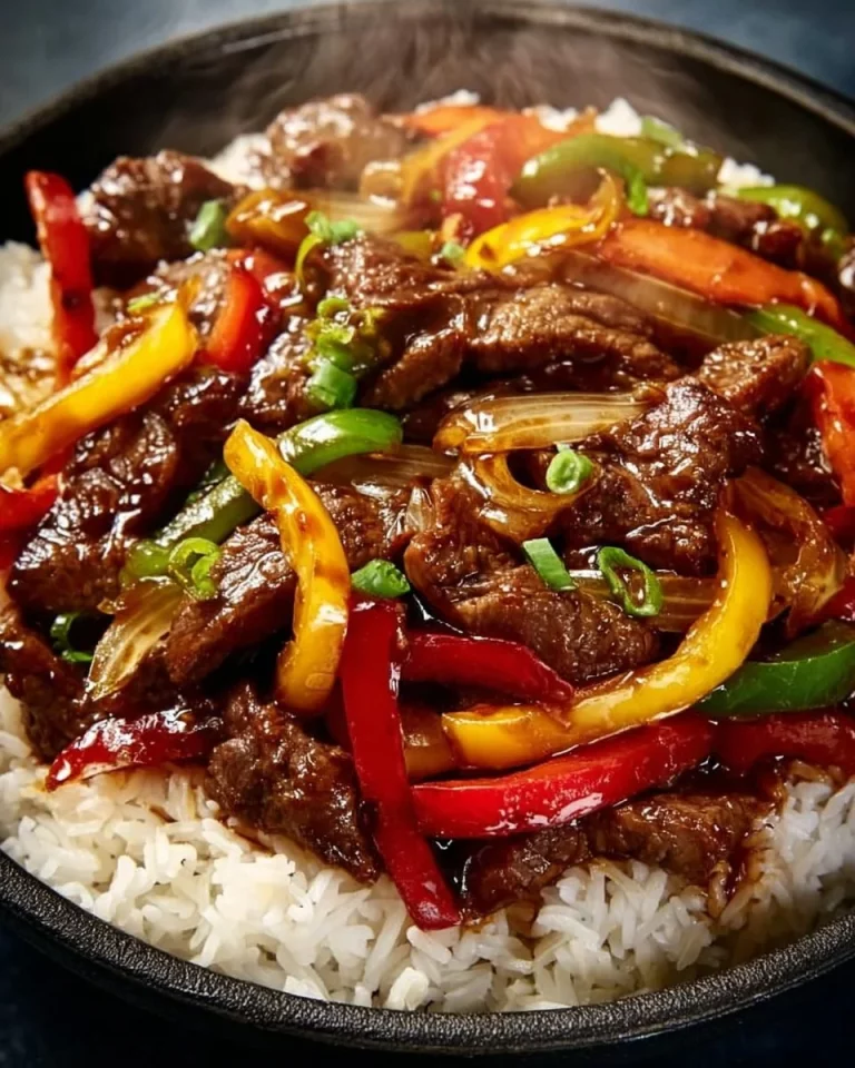Delicious Chinese pepper steak with onions and bell peppers on a plate