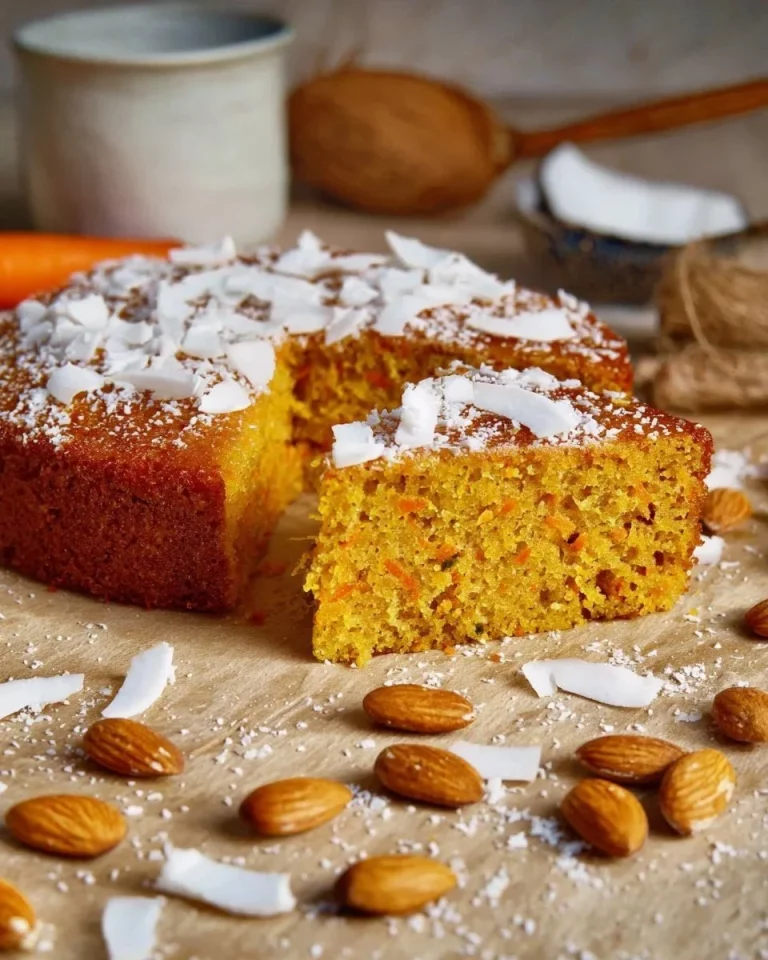 Delicious Coconut Carrot Almond Cake topped with coconut flakes and almonds