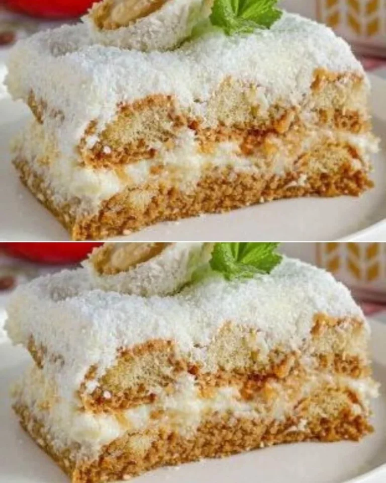 Delicious Coconut Tiramisu topped with mascarpone and garnished with coconut shavings