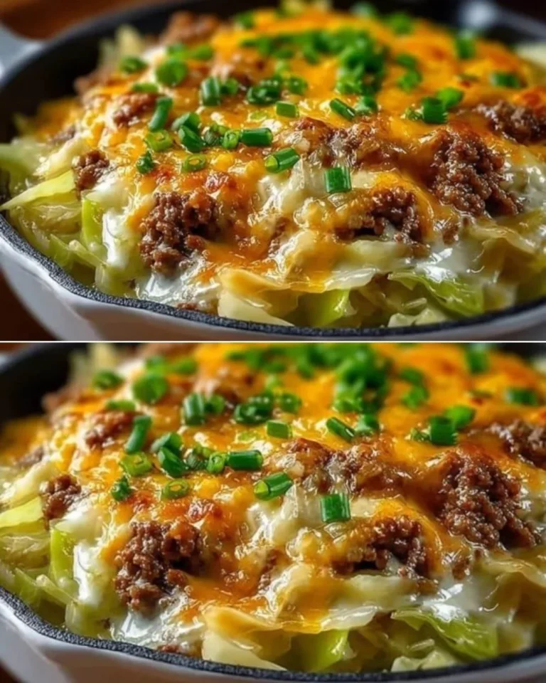 Creamed cabbage casserole with ground beef topped with cheese fresh from the oven