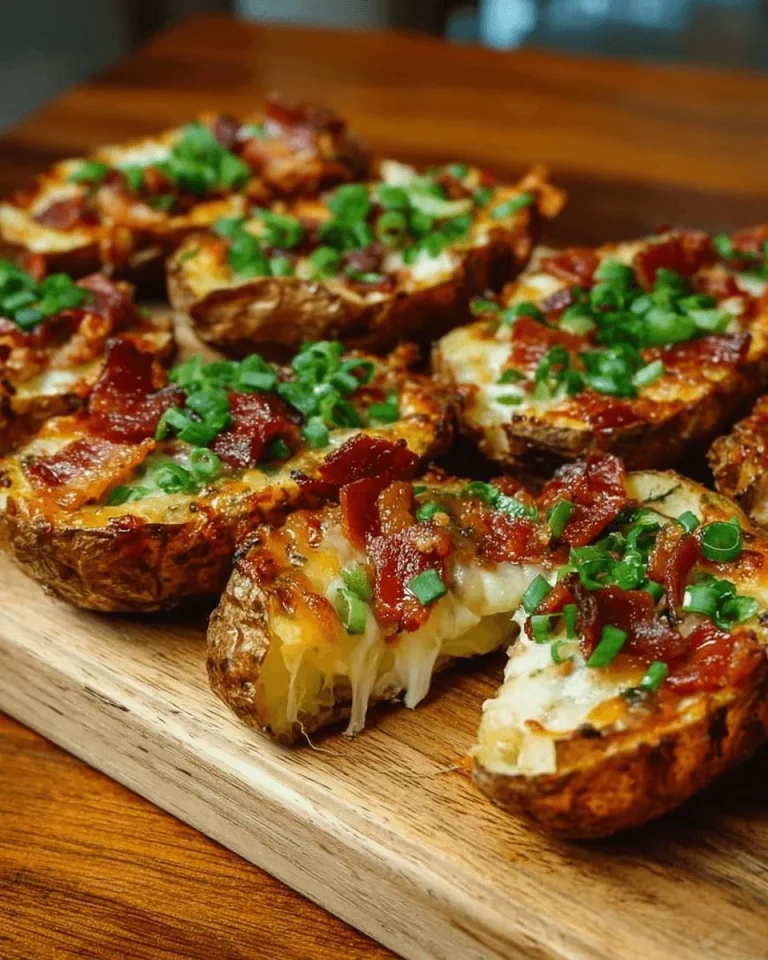 Crispy potato skins topped with cheese and green onions ready to serve