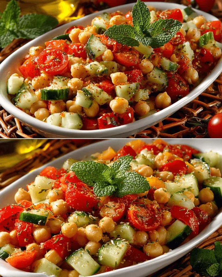 Cucumber salad with chickpeas, cherry tomatoes, and mushrooms served in a bowl.