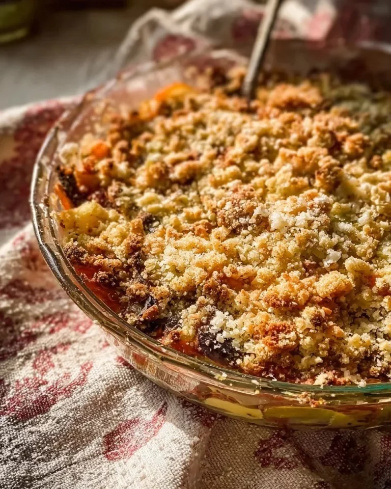 Delicious eggplant and roasted zucchini casserole served in a baking dish.