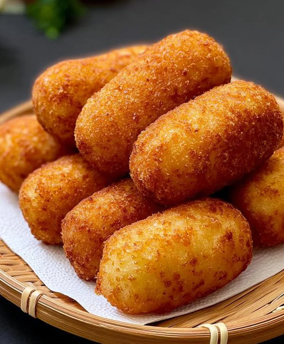 Delicious fried mochi balls served on a plate, golden and crispy.