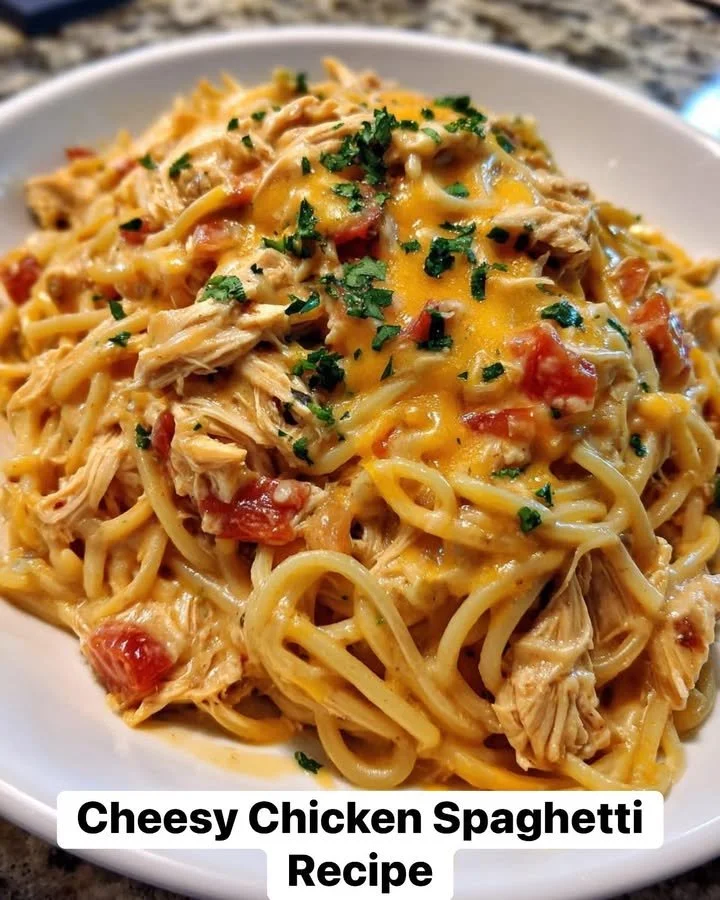 Full Cheesy Chicken Spaghetti served in a bowl with herbs on top.