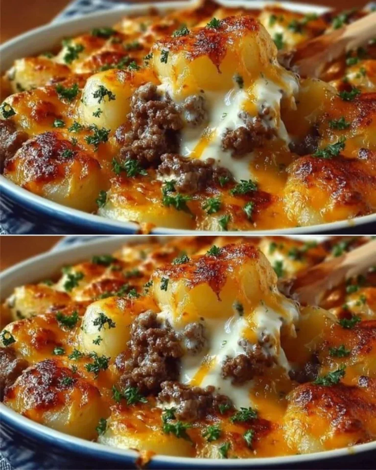 Ground beef casserole with potatoes in a baking dish