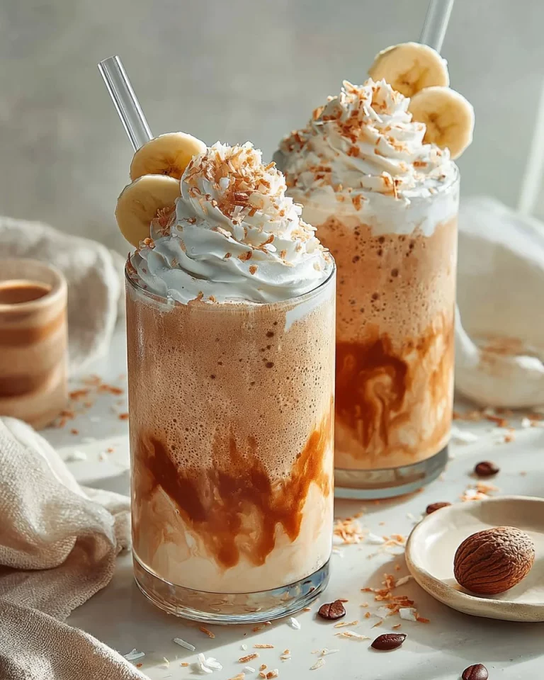 Glass of Gut Healthy Bananas Foster Smoothie topped with sliced bananas.