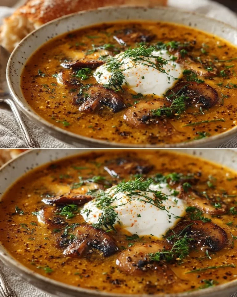 Delicious bowl of Hungarian Mushroom Soup topped with fresh herbs.
