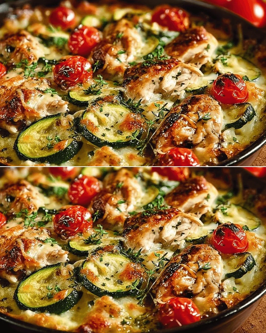 Mediterranean Chicken Zucchini Bake served in a baking dish with fresh herbs.