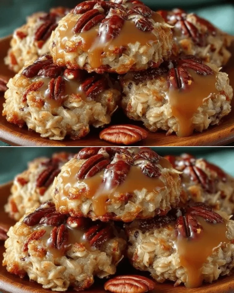 No-Bake Coconut Pecan Praline Cookies on a plate, topped with coconut and pecans.