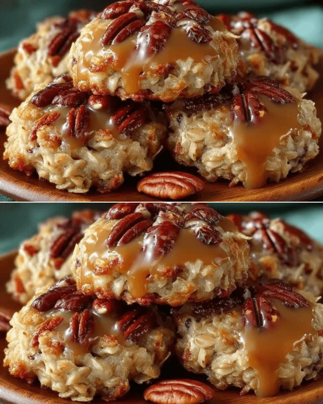 No-Bake Coconut Pecan Praline Cookies on a plate, topped with coconut and pecans.