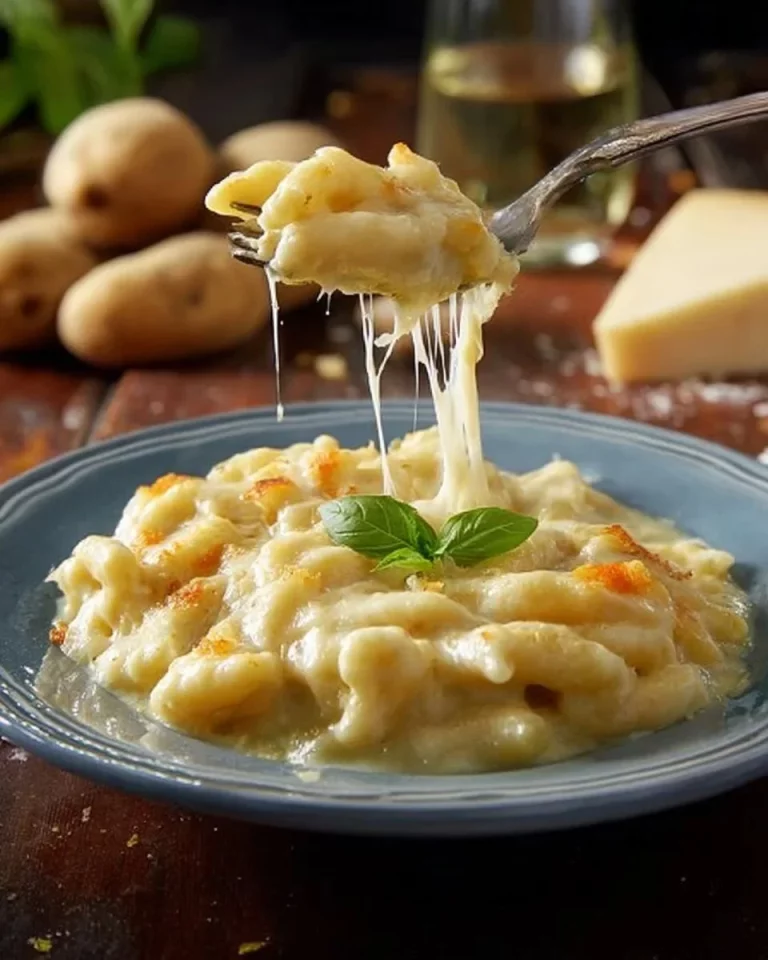 Delicious Pasta with Potatoes and Provola served in a white bowl