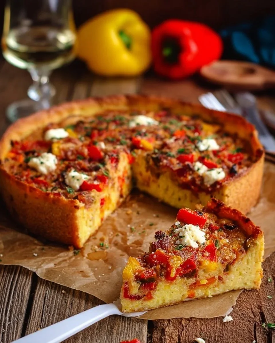 Savory Potato Cake topped with Peppers, Bacon, and Ricotta cheese