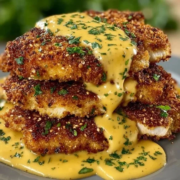 Pretzel-Crusted Chicken served with Creamy Mustard Cheddar Sauce