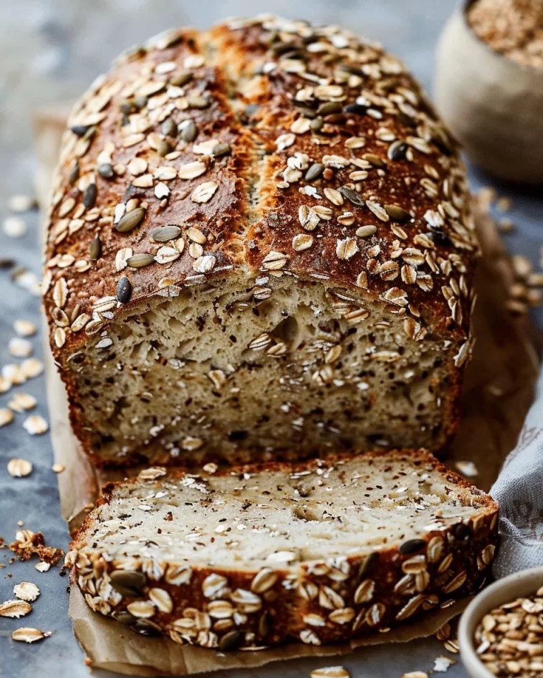Freshly baked seeded oat bread loaf with seeds on top