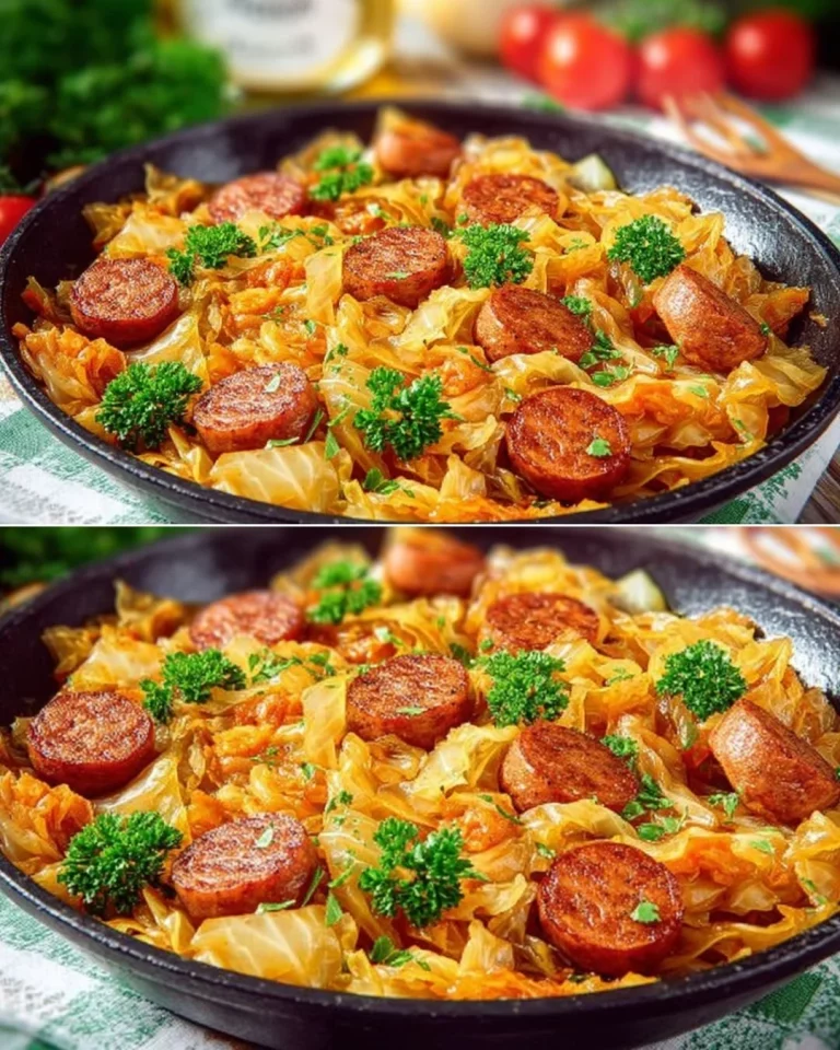 Delicious stewed cabbage with sausages and tomato paste in a vibrant bowl.