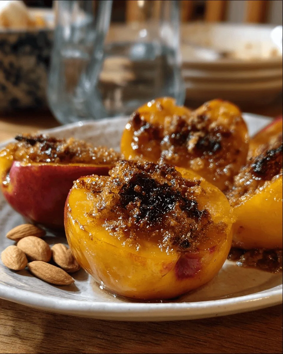Stuffed peaches with amaretti dessert on a plate