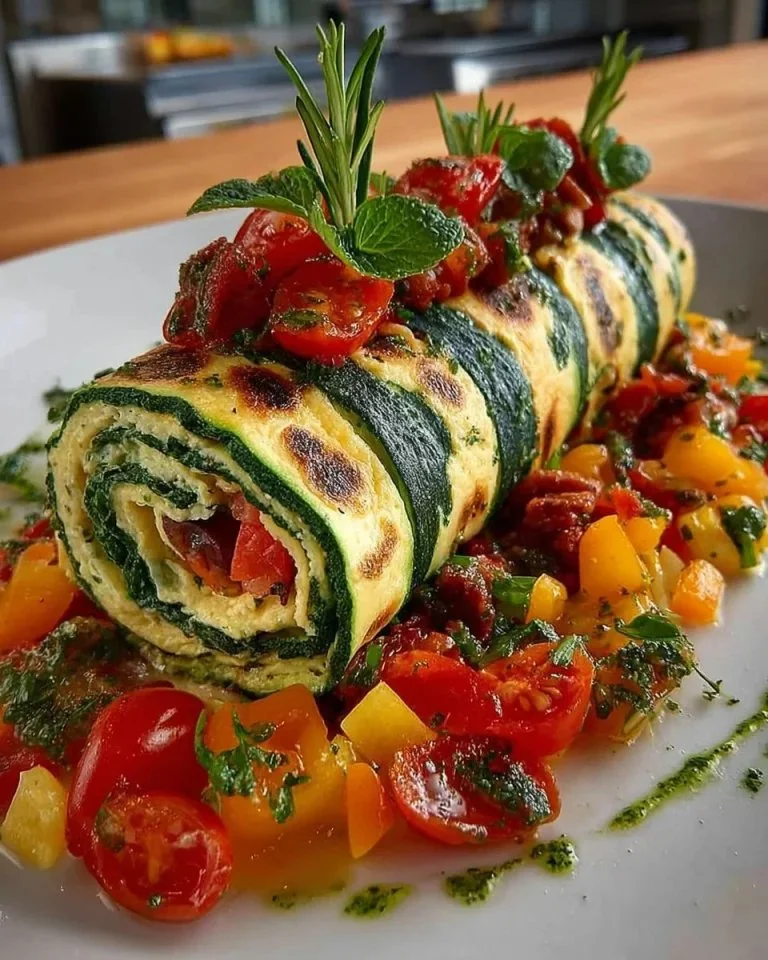 Colorful summer vegetable roll filled with fresh veggies and herbs