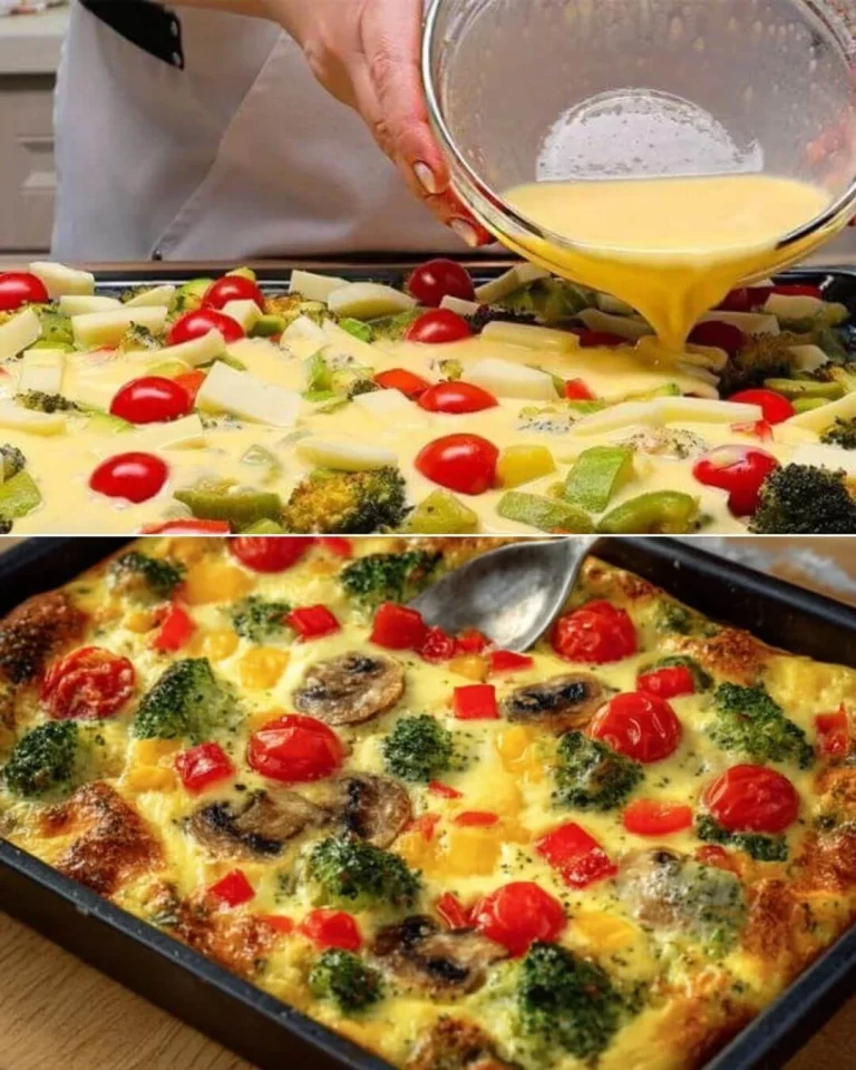Healthy Vegetable Casserole ready to serve, featuring colorful vegetables and cheese.
