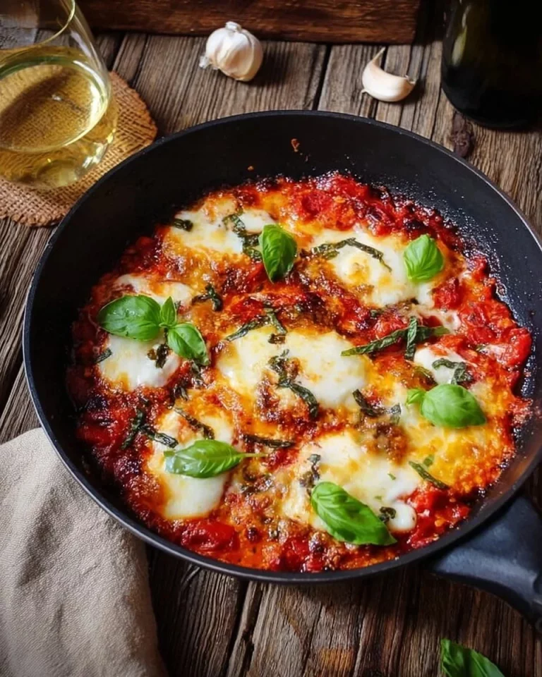 Plate of zucchini pizzaiola garnished with fresh herbs and mozzarella cheese.